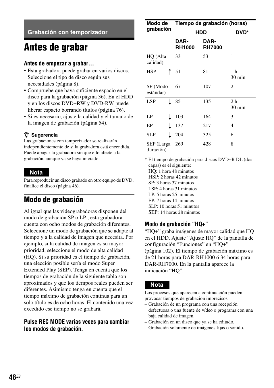 Grabación con temporizador, Antes de grabar, Modo de grabación | Sony DAR-RH7000 User Manual | Page 174 / 536