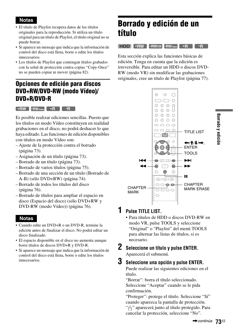 Borrado y edición de un título, Notas, Pulse title list | Seleccione un título y pulse enter, Seleccione una opción y pulse enter | Sony DAR-RH7000 User Manual | Page 199 / 536