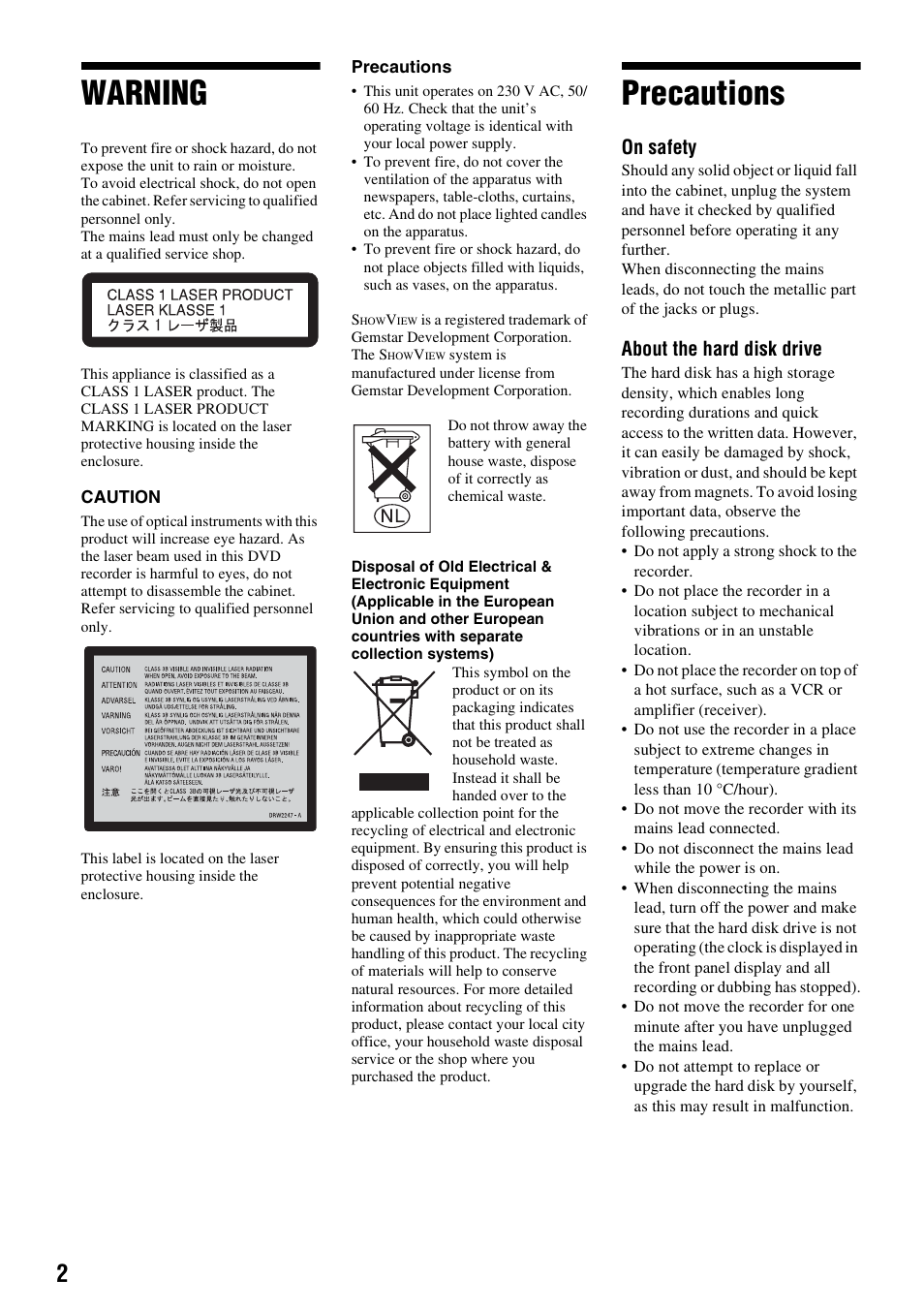 Warning, Precautions, On safety | About the hard disk drive | Sony DAR-RH7000 User Manual | Page 2 / 536