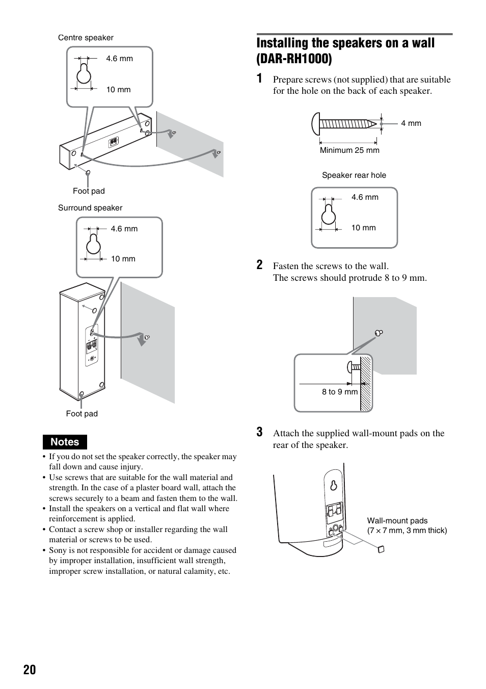 Installing the speakers on a wall (dar-rh1000) | Sony DAR-RH7000 User Manual | Page 20 / 536