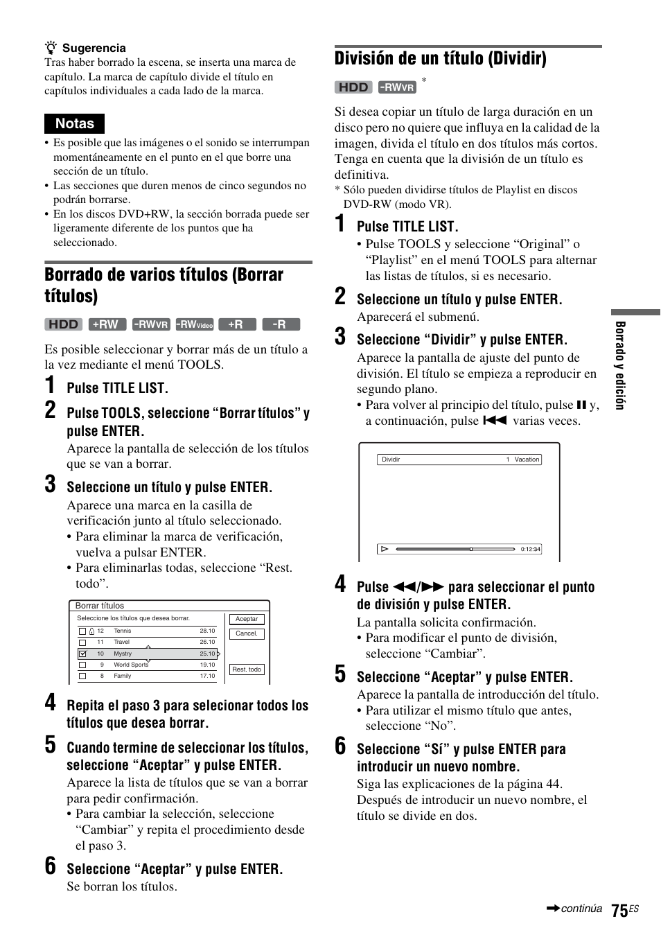 Borrado de varios títulos (borrar títulos), División de un título (dividir) | Sony DAR-RH7000 User Manual | Page 201 / 536