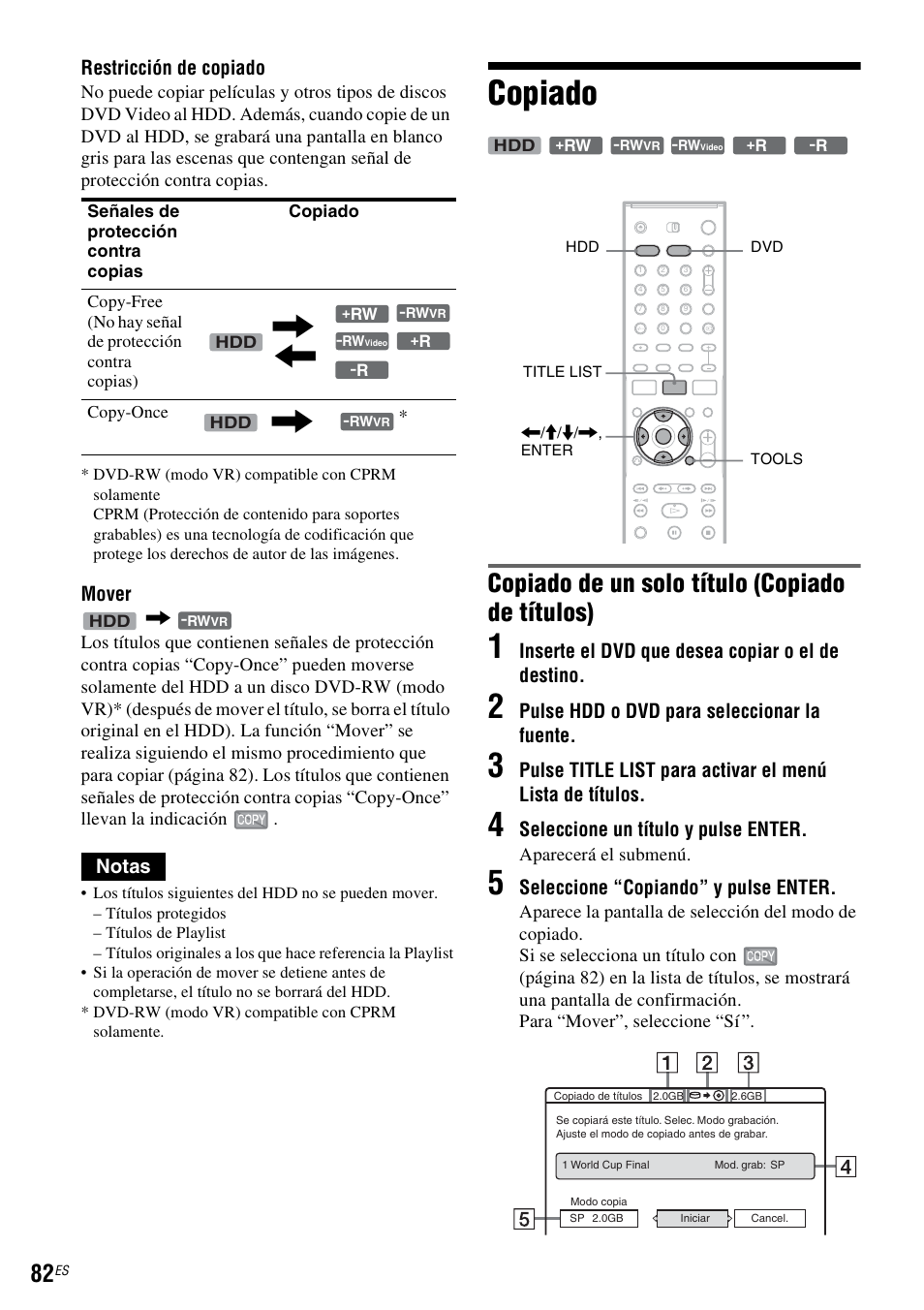 Copiado, Copiado de un solo título (copiado de títulos), Restricción de copiado | Mover, Notas, Inserte el dvd que desea copiar o el de destino, Pulse hdd o dvd para seleccionar la fuente, Seleccione un título y pulse enter, Seleccione “copiando” y pulse enter | Sony DAR-RH7000 User Manual | Page 208 / 536