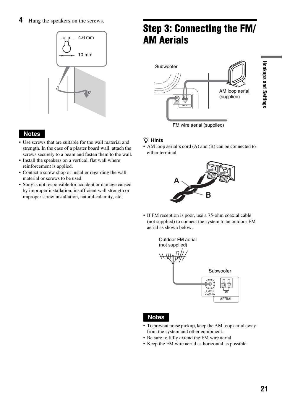 Step 3: connecting the fm/ am aerials, Step 3: connecting the fm/am aerials, Hang the speakers on the screws | Sony DAR-RH7000 User Manual | Page 21 / 536