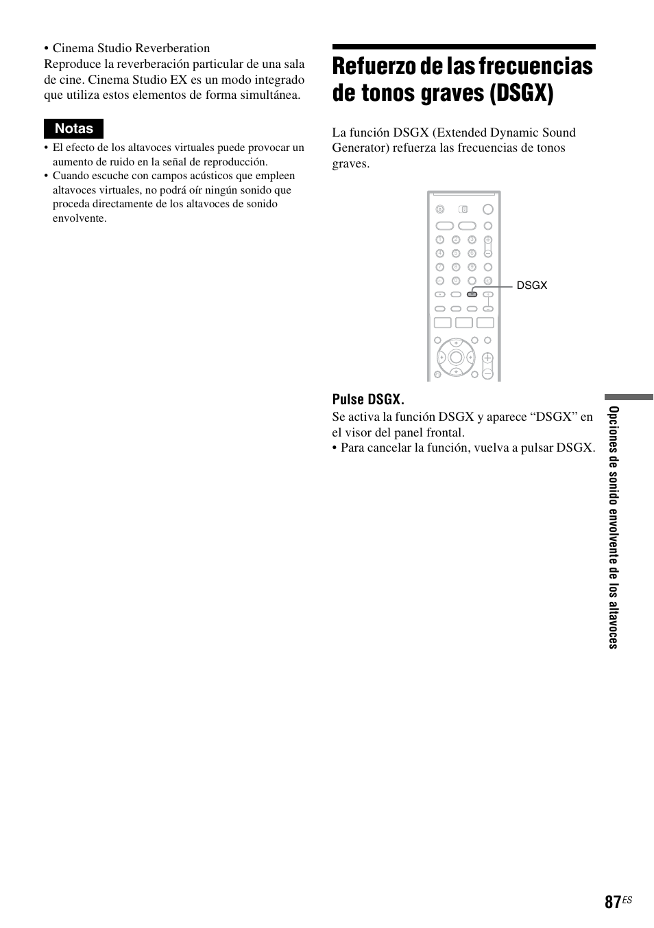 Refuerzo de las frecuencias de tonos graves (dsgx), Notas, Pulse dsgx | Sony DAR-RH7000 User Manual | Page 213 / 536