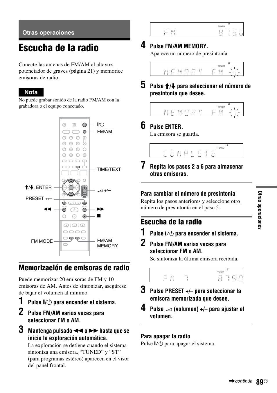 Otras operaciones, Escucha de la radio | Sony DAR-RH7000 User Manual | Page 215 / 536
