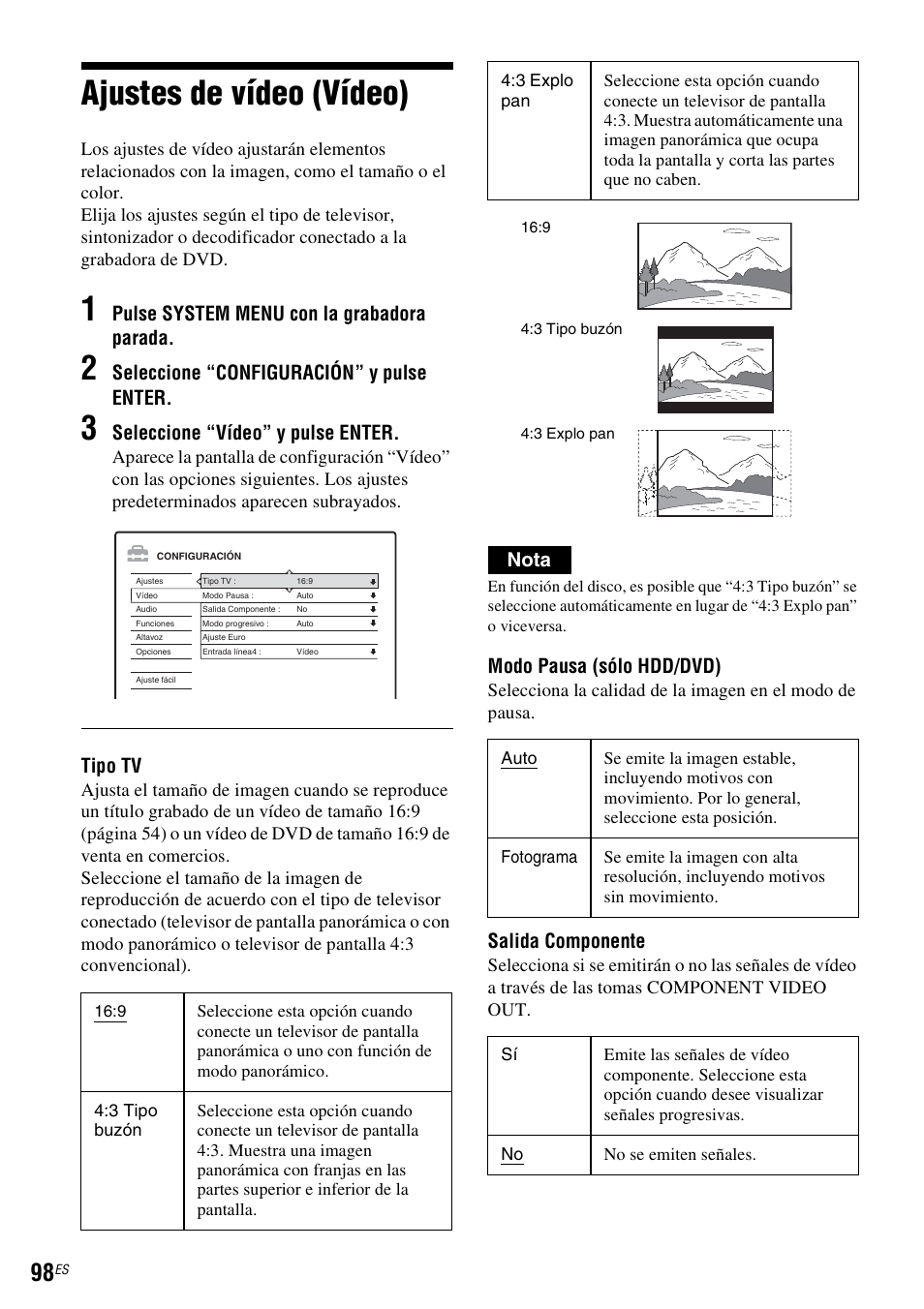 Ajustes de vídeo (vídeo), Pulse system menu con la grabadora parada, Seleccione “configuración” y pulse enter | Seleccione “vídeo” y pulse enter, Tipo tv, Nota, Modo pausa (sólo hdd/dvd), Salida componente | Sony DAR-RH7000 User Manual | Page 224 / 536