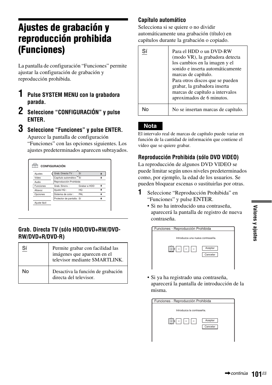 Consulte, Pulse system menu con la grabadora parada, Seleccione “configuración” y pulse enter | Seleccione “funciones” y pulse enter, Nota, Reproducción prohibida (sólo dvd video), Enter | Sony DAR-RH7000 User Manual | Page 227 / 536