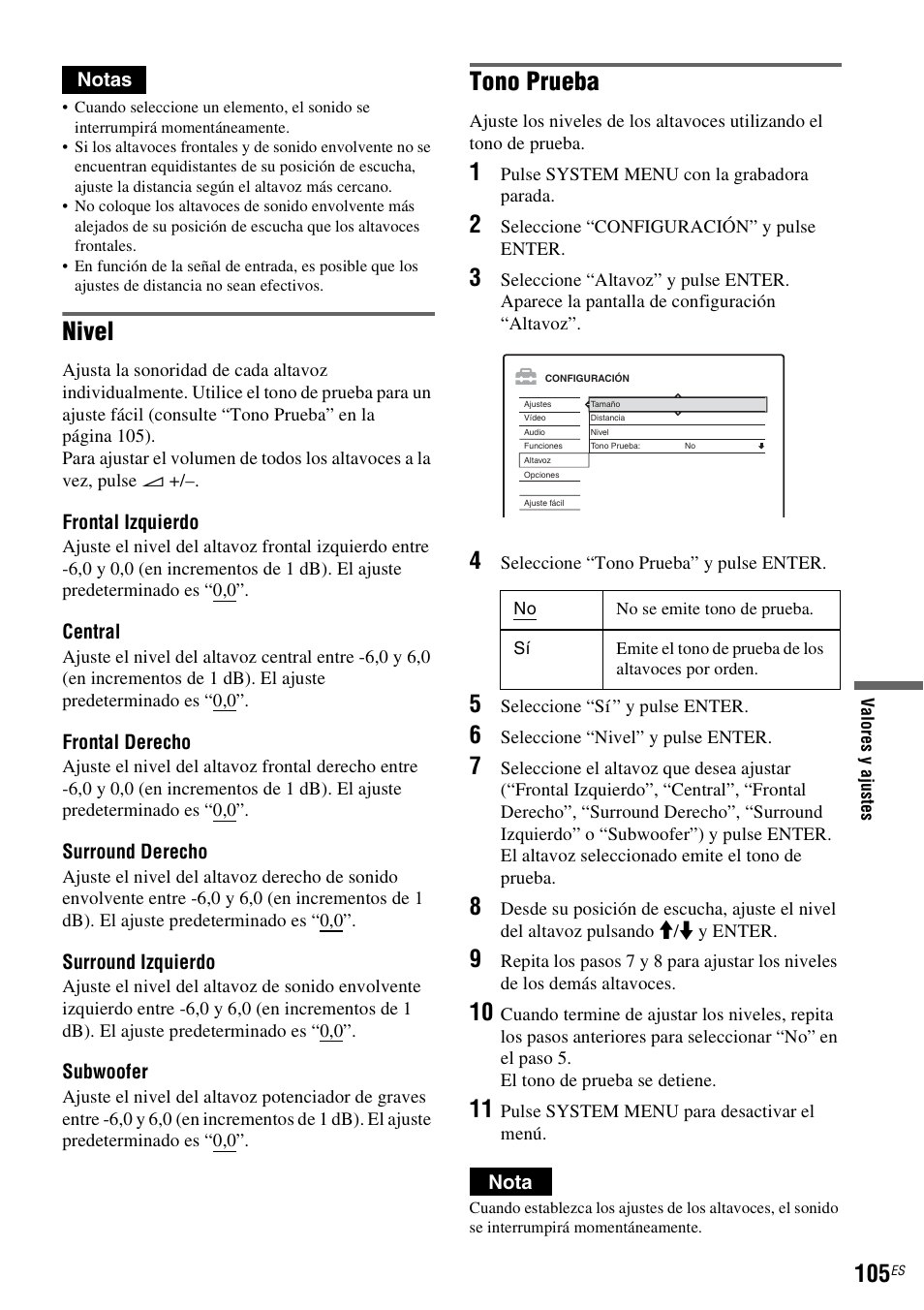 Nivel, Tono prueba | Sony DAR-RH7000 User Manual | Page 231 / 536
