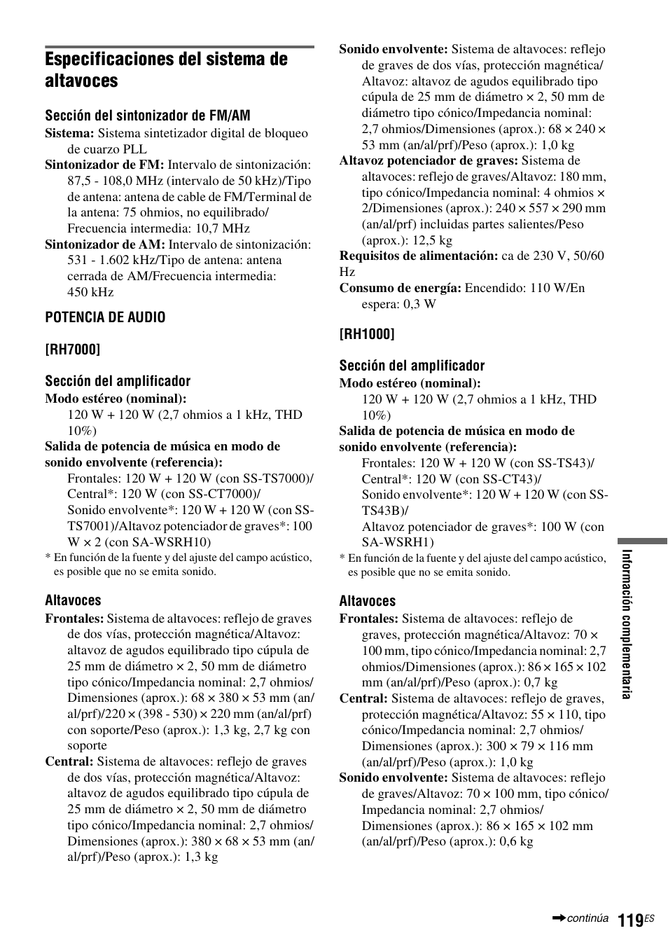 Especificaciones del sistema de altavoces | Sony DAR-RH7000 User Manual | Page 245 / 536