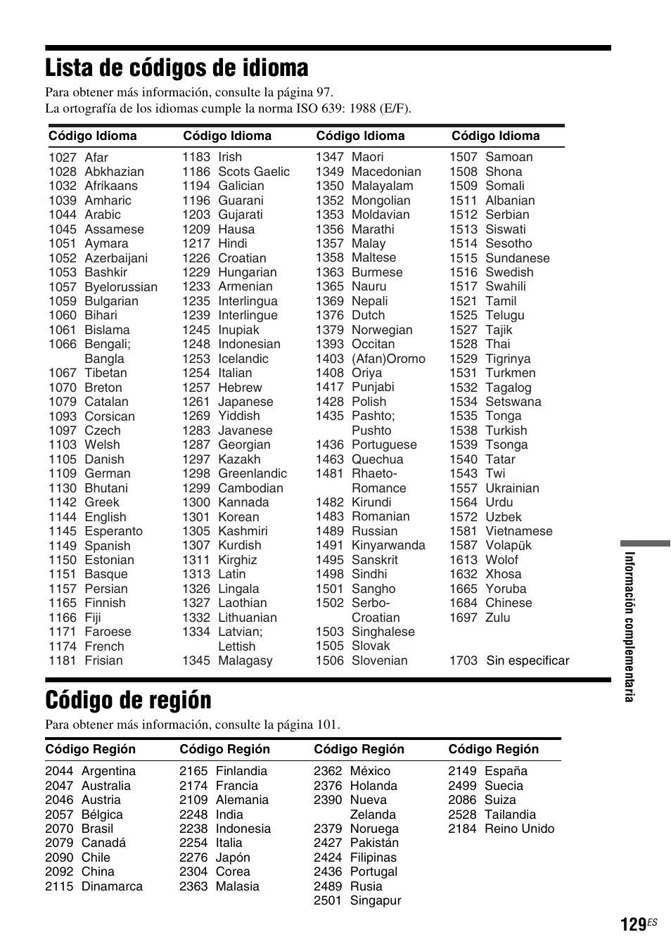 Lista de códigos de idioma, Código de región, Lista de códigos de idioma código de región | Sony DAR-RH7000 User Manual | Page 255 / 536