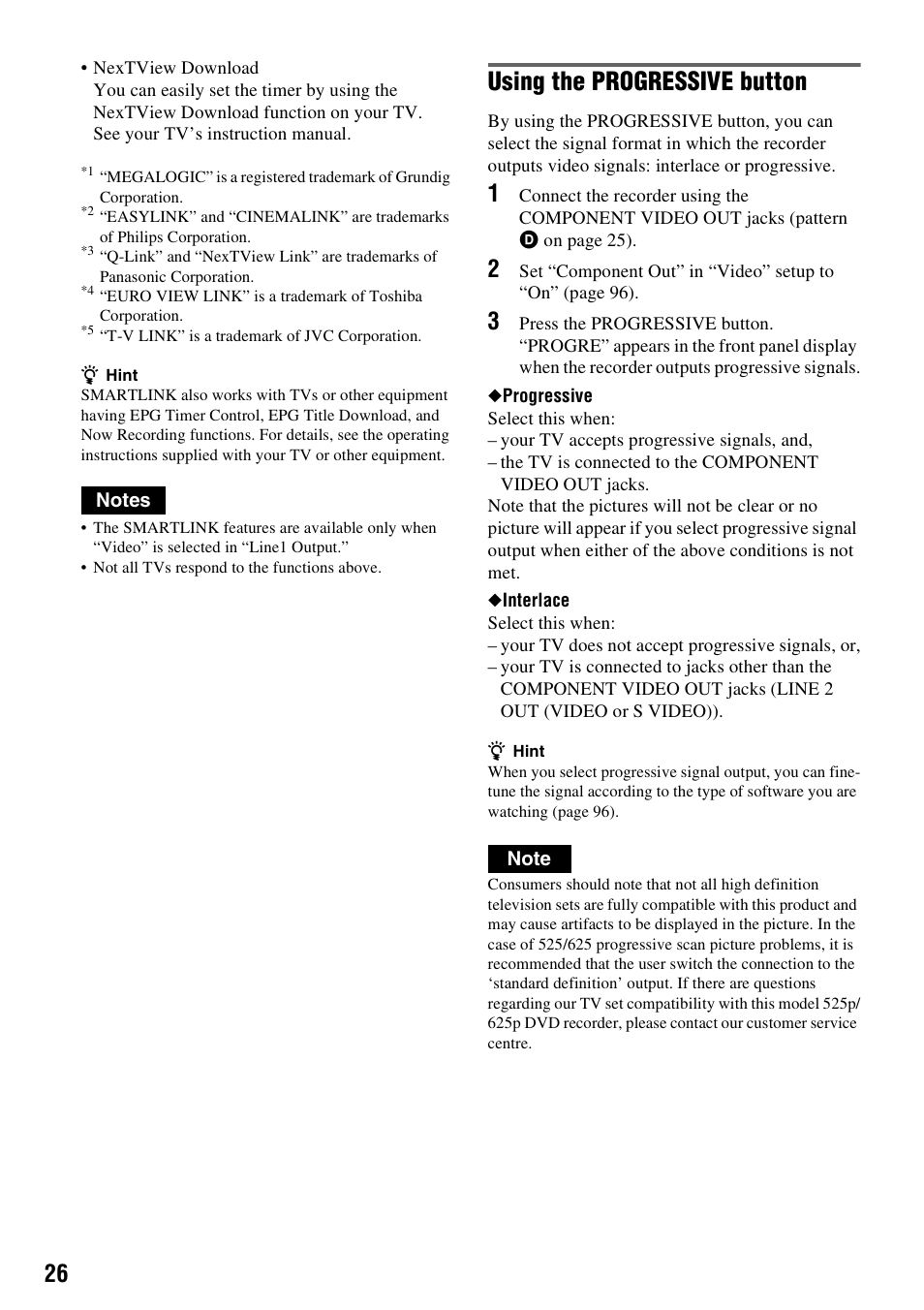 Using the progressive button | Sony DAR-RH7000 User Manual | Page 26 / 536