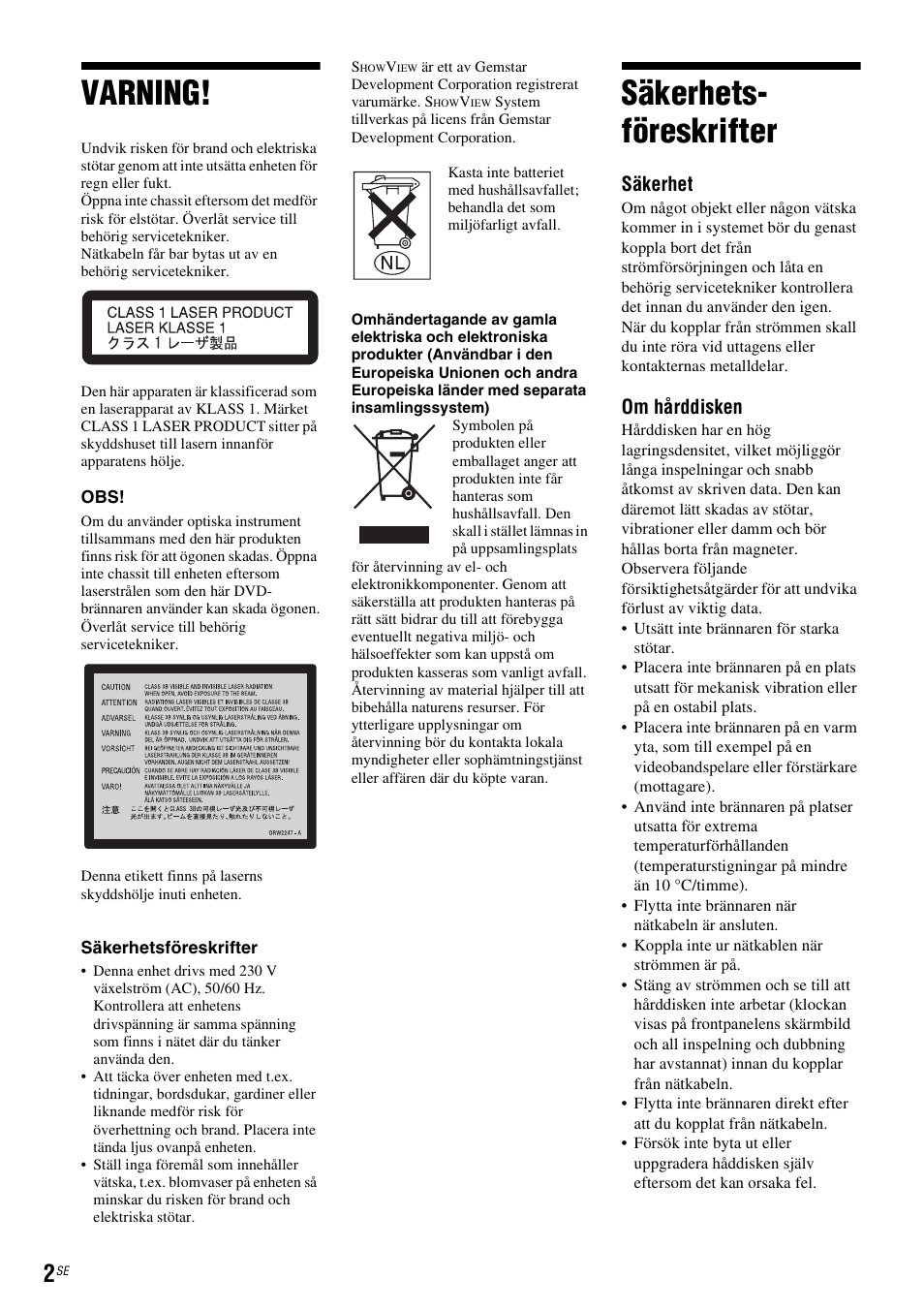 Varning, Säkerhets- föreskrifter, Säkerhet | Om hårddisken | Sony DAR-RH7000 User Manual | Page 260 / 536