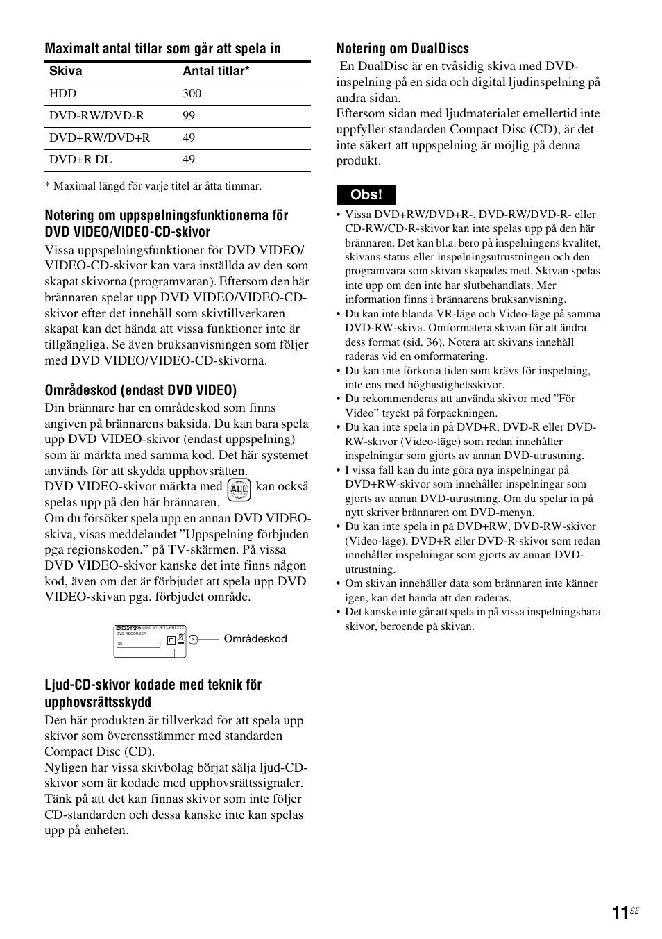 Maximalt antal titlar som går att spela in, Områdeskod (endast dvd video) | Sony DAR-RH7000 User Manual | Page 269 / 536
