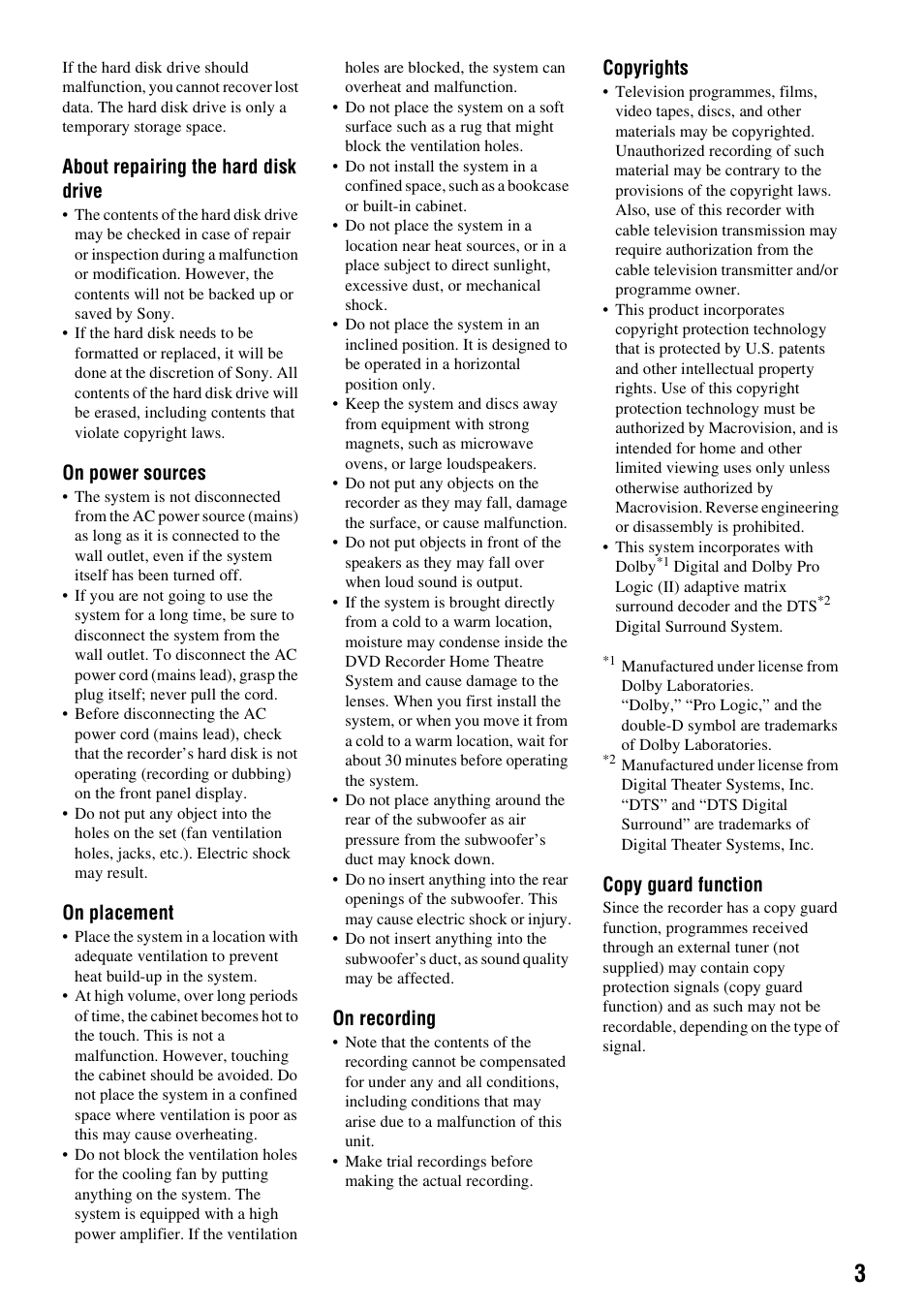 About repairing the hard disk drive, On power sources, On placement | On recording, Copyrights, Copy guard function | Sony DAR-RH7000 User Manual | Page 3 / 536