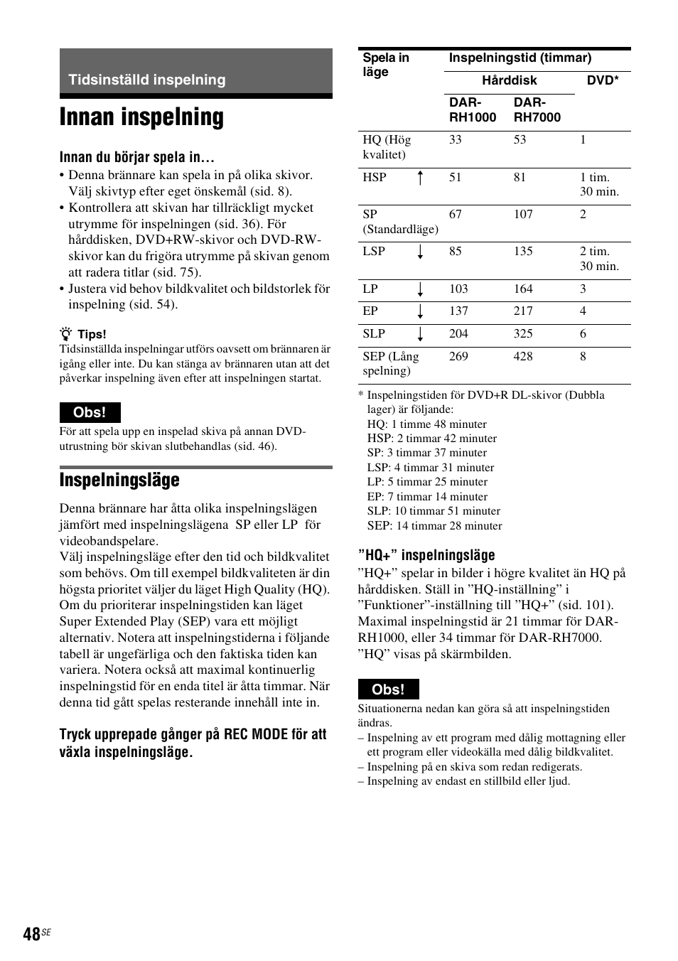 Tidsinställd inspelning, Innan inspelning, Sid. 48) | N 48, E (sid. 48), Inspelningsläge | Sony DAR-RH7000 User Manual | Page 306 / 536