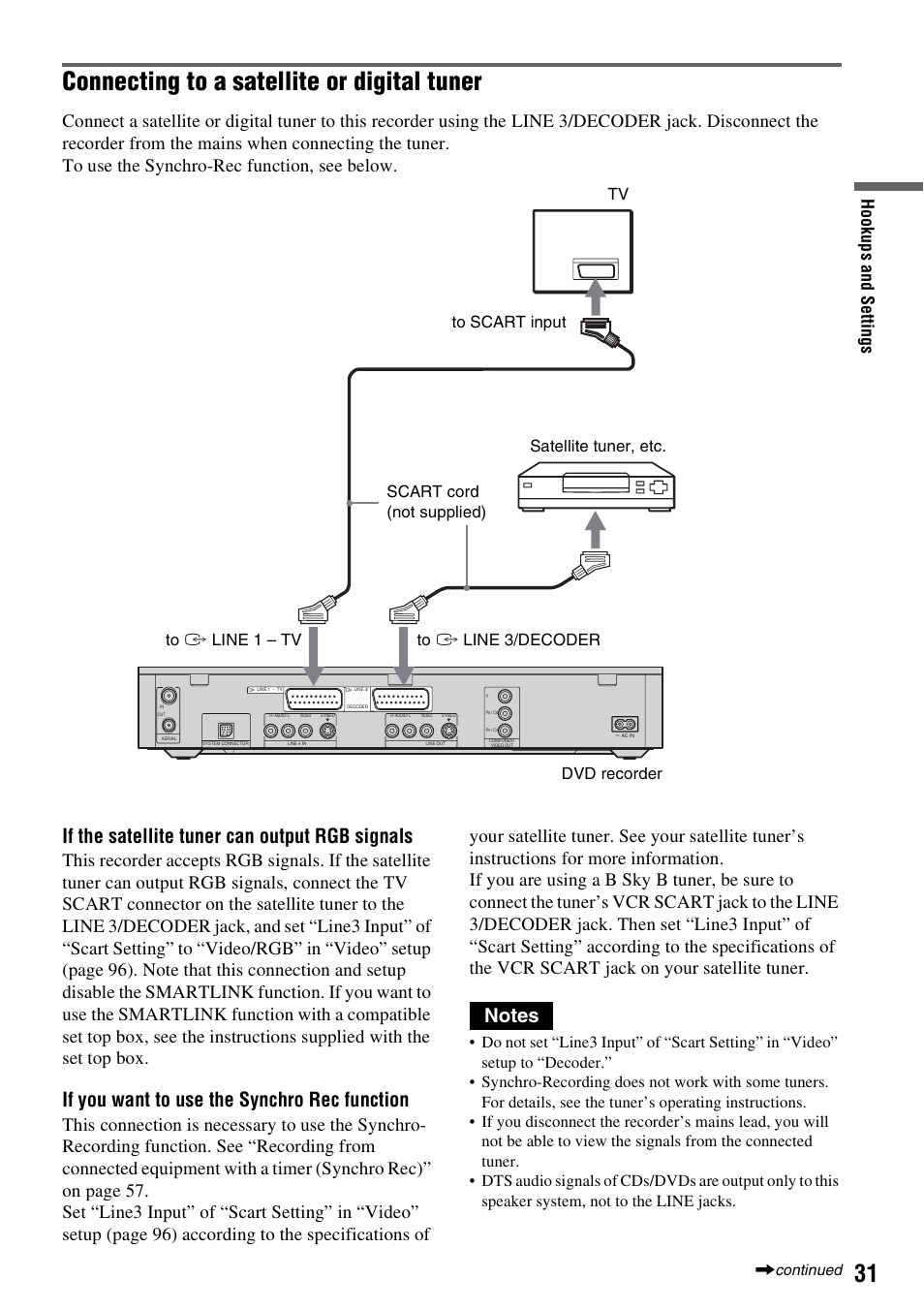 Connecting to a satellite or digital tuner, If the satellite tuner can output rgb signals, If you want to use the synchro rec function | Hook up s and se tti n gs, Continued | Sony DAR-RH7000 User Manual | Page 31 / 536