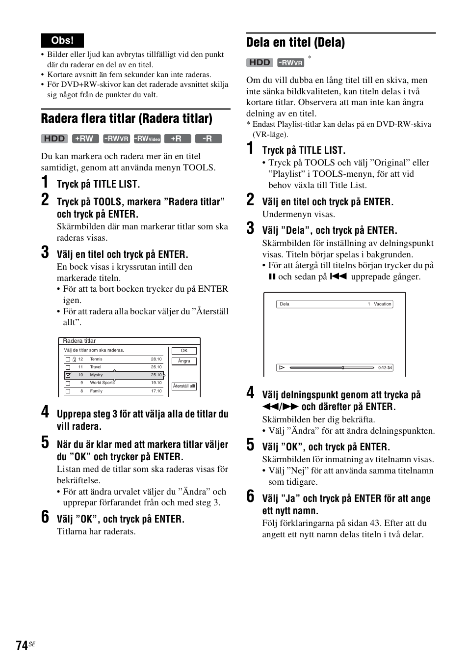 Sid. 74), R (sid. 74), Sid. 74), el | Radera flera titlar (radera titlar), Dela en titel (dela) | Sony DAR-RH7000 User Manual | Page 332 / 536