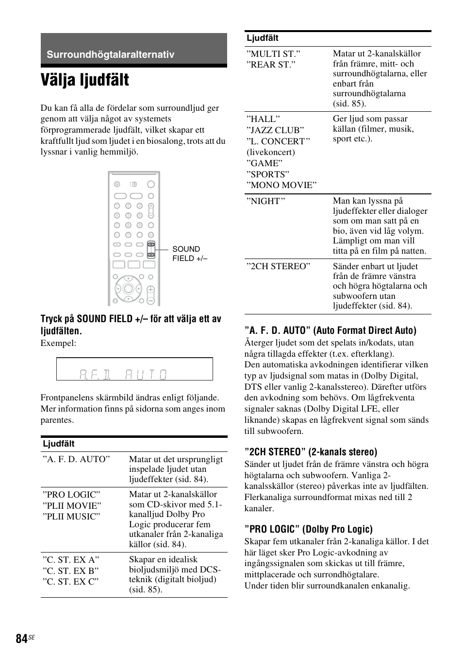 Surroundhögtalaralternativ, Välja ljudfält, Välja ljudfält” på sid. 84 | A. f. d. auto” (auto format direct auto), 2ch stereo” (2-kanals stereo), Pro logic” (dolby pro logic) | Sony DAR-RH7000 User Manual | Page 342 / 536