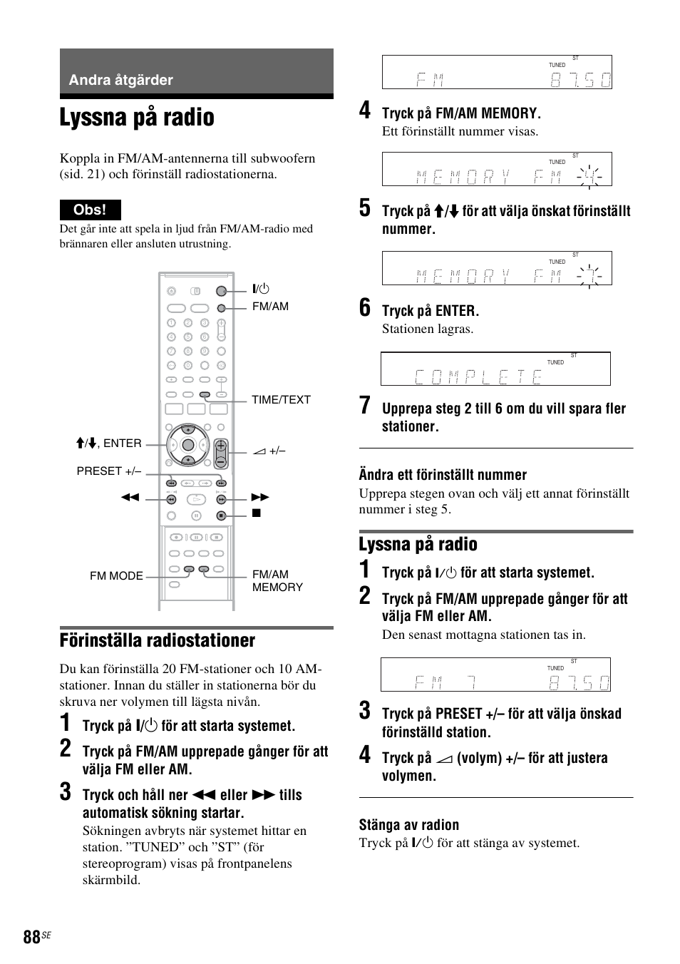 Andra åtgärder, Lyssna på radio, Förinställa radiostationer | Sony DAR-RH7000 User Manual | Page 346 / 536