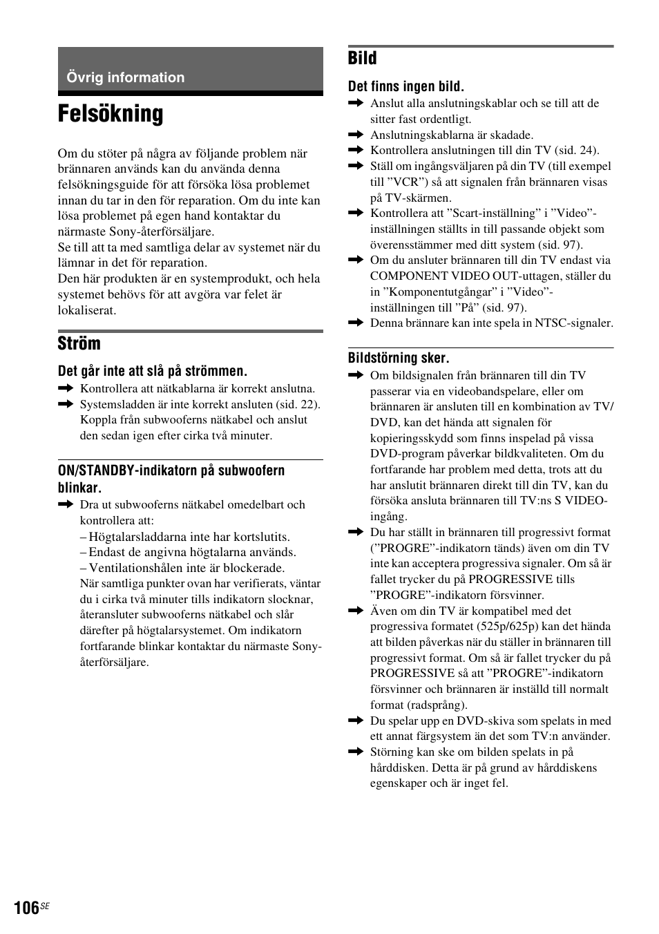 Övrig information, Felsökning, Ström | Bild | Sony DAR-RH7000 User Manual | Page 364 / 536