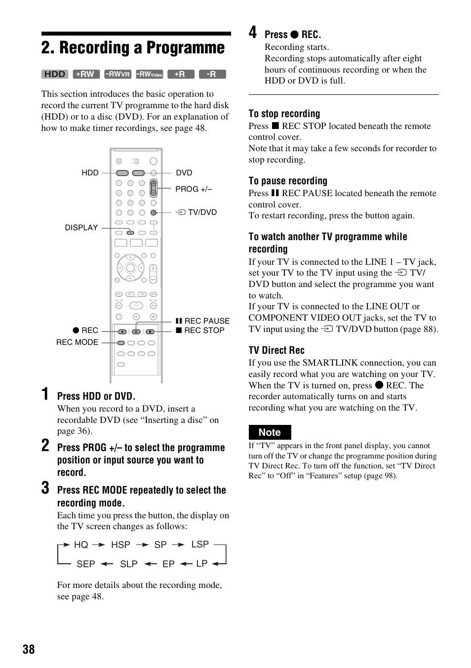 Recording a programme | Sony DAR-RH7000 User Manual | Page 38 / 536