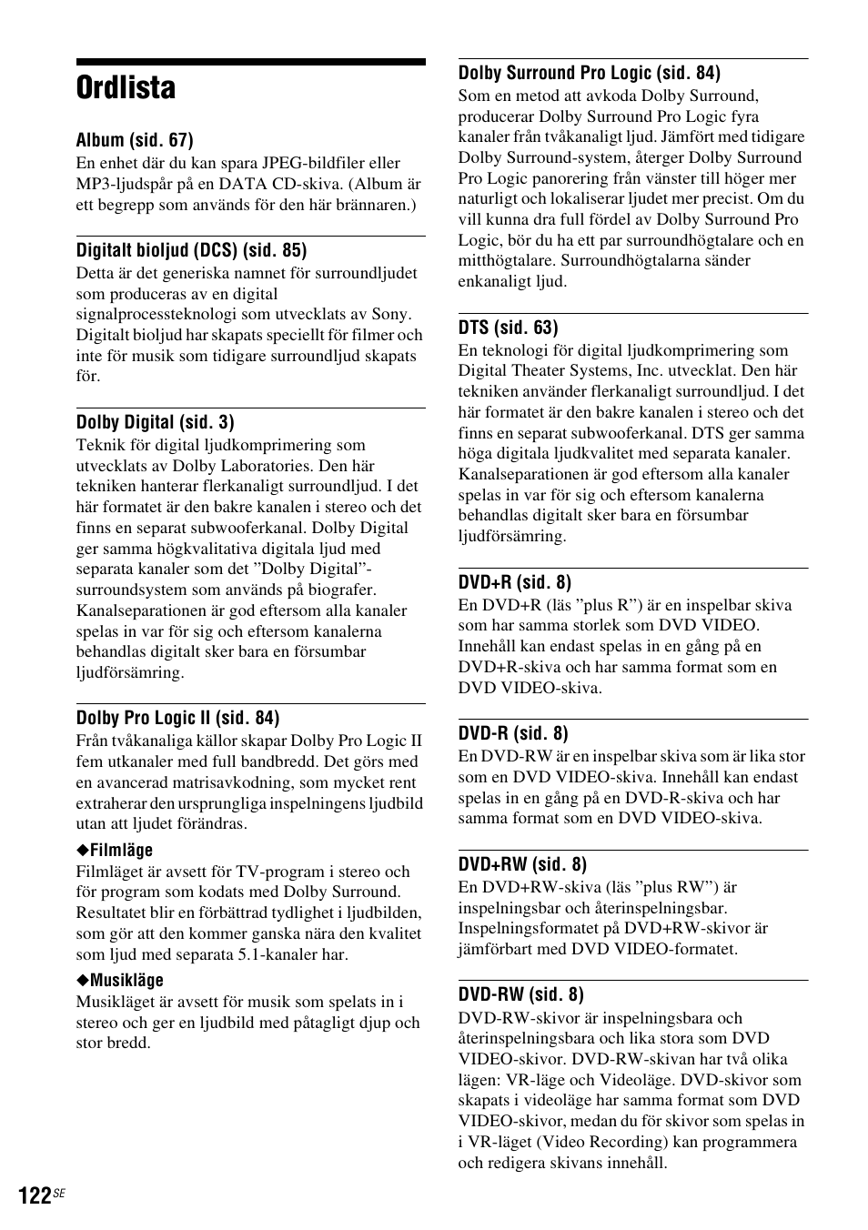 Ordlista | Sony DAR-RH7000 User Manual | Page 380 / 536