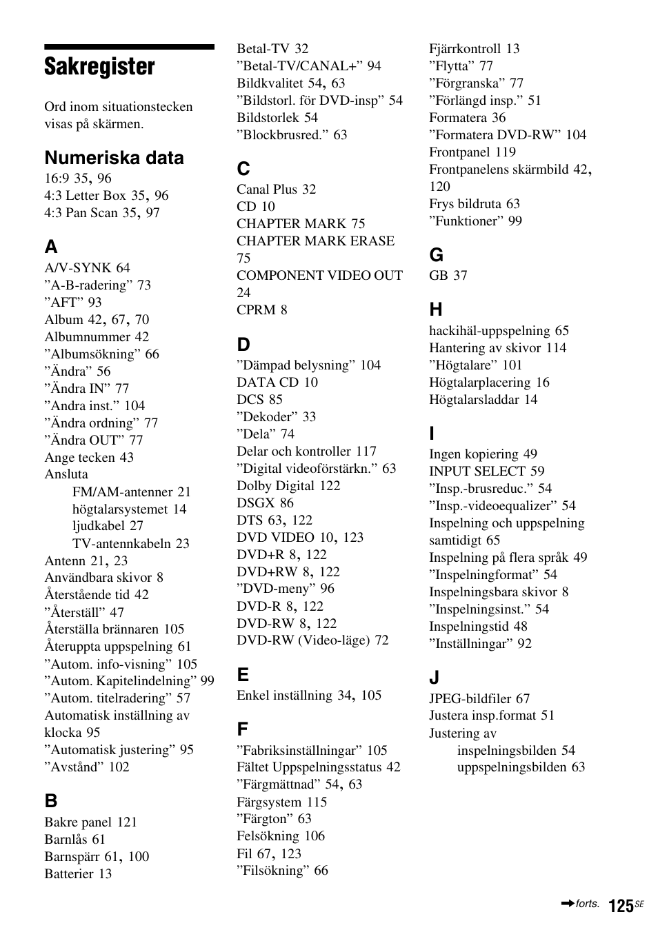 Sakregister, Numeriska data | Sony DAR-RH7000 User Manual | Page 383 / 536