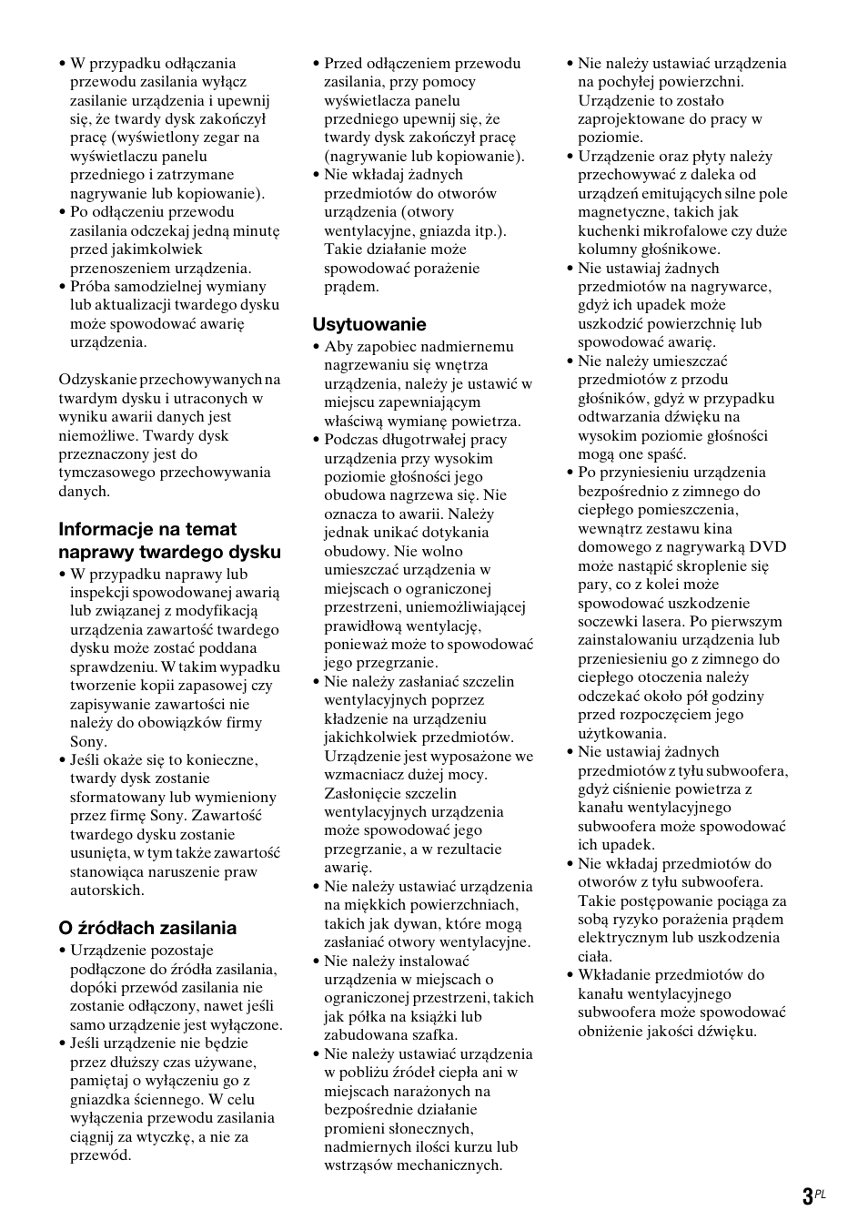 Informacje na temat naprawy twardego dysku, O źródłach zasilania, Usytuowanie | Sony DAR-RH7000 User Manual | Page 389 / 536
