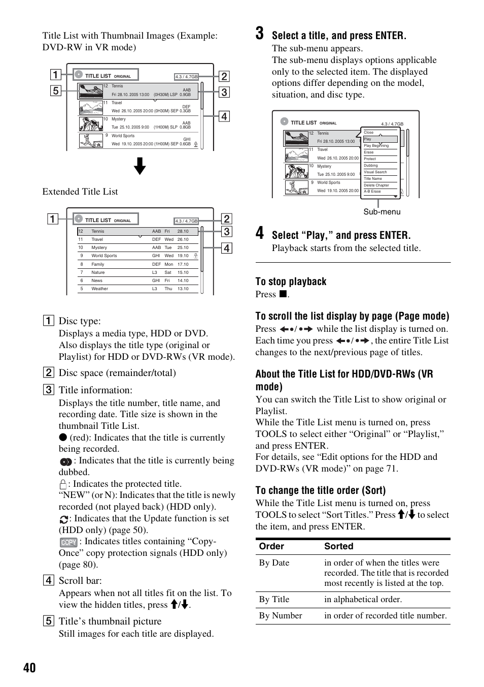 A disc type, B disc space (remainder/total) c title information, D scroll bar | E title’s thumbnail picture, Select a title, and press enter, Select “play,” and press enter, About the title list for hdd/dvd-rws (vr mode), Still images for each title are displayed, Playback starts from the selected title, Press x | Sony DAR-RH7000 User Manual | Page 40 / 536