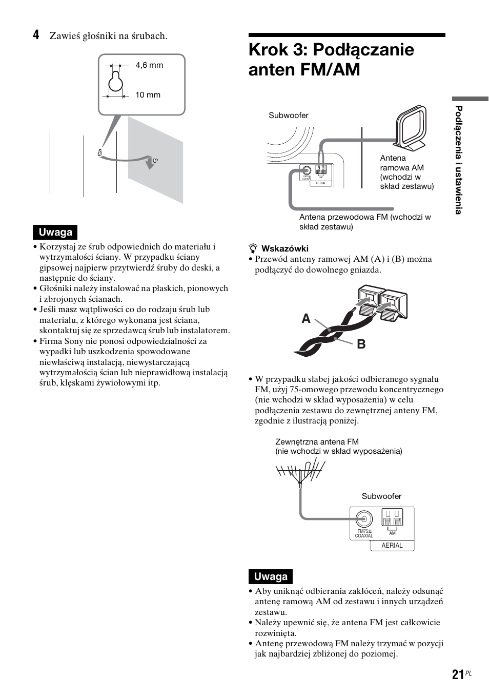 Krok 3: podłączanie anten fm/am, Uwaga, Zawieś głośniki na śrubach | Sony DAR-RH7000 User Manual | Page 407 / 536