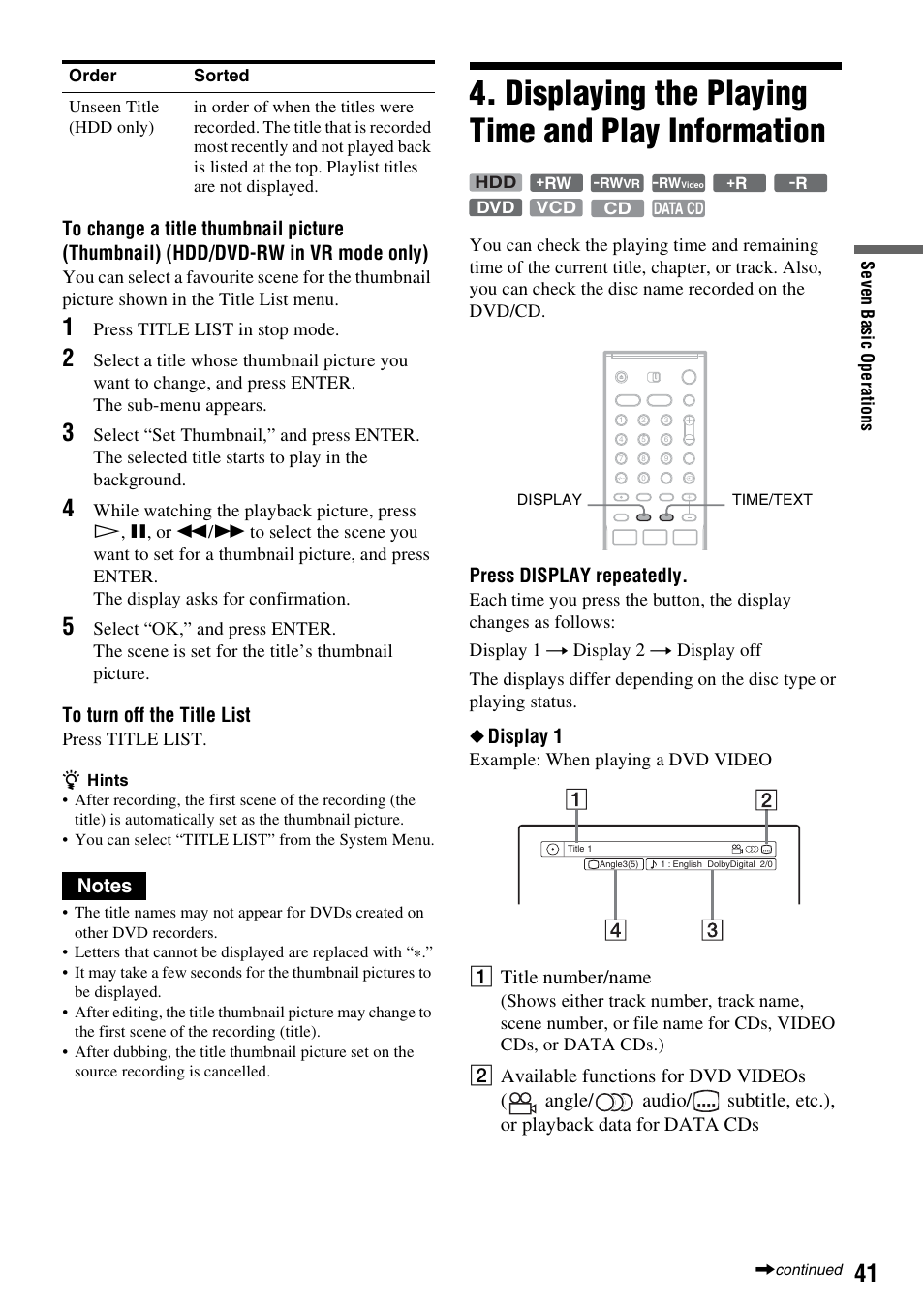 Displaying the playing time and play information, Press display repeatedly, Display 1 | A title number/name, Press title list in stop mode, Press title list, Example: when playing a dvd video | Sony DAR-RH7000 User Manual | Page 41 / 536