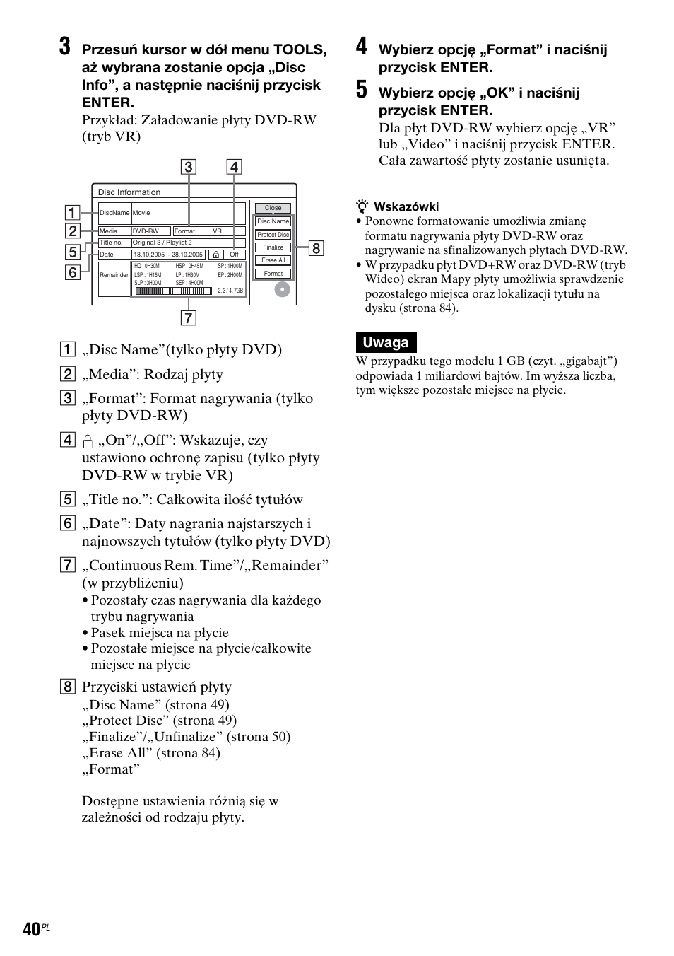 H przyciski ustawień płyty, Wybierz opcję „format” i naciśnij przycisk enter, Wybierz opcję „ok” i naciśnij przycisk enter | Uwaga | Sony DAR-RH7000 User Manual | Page 426 / 536