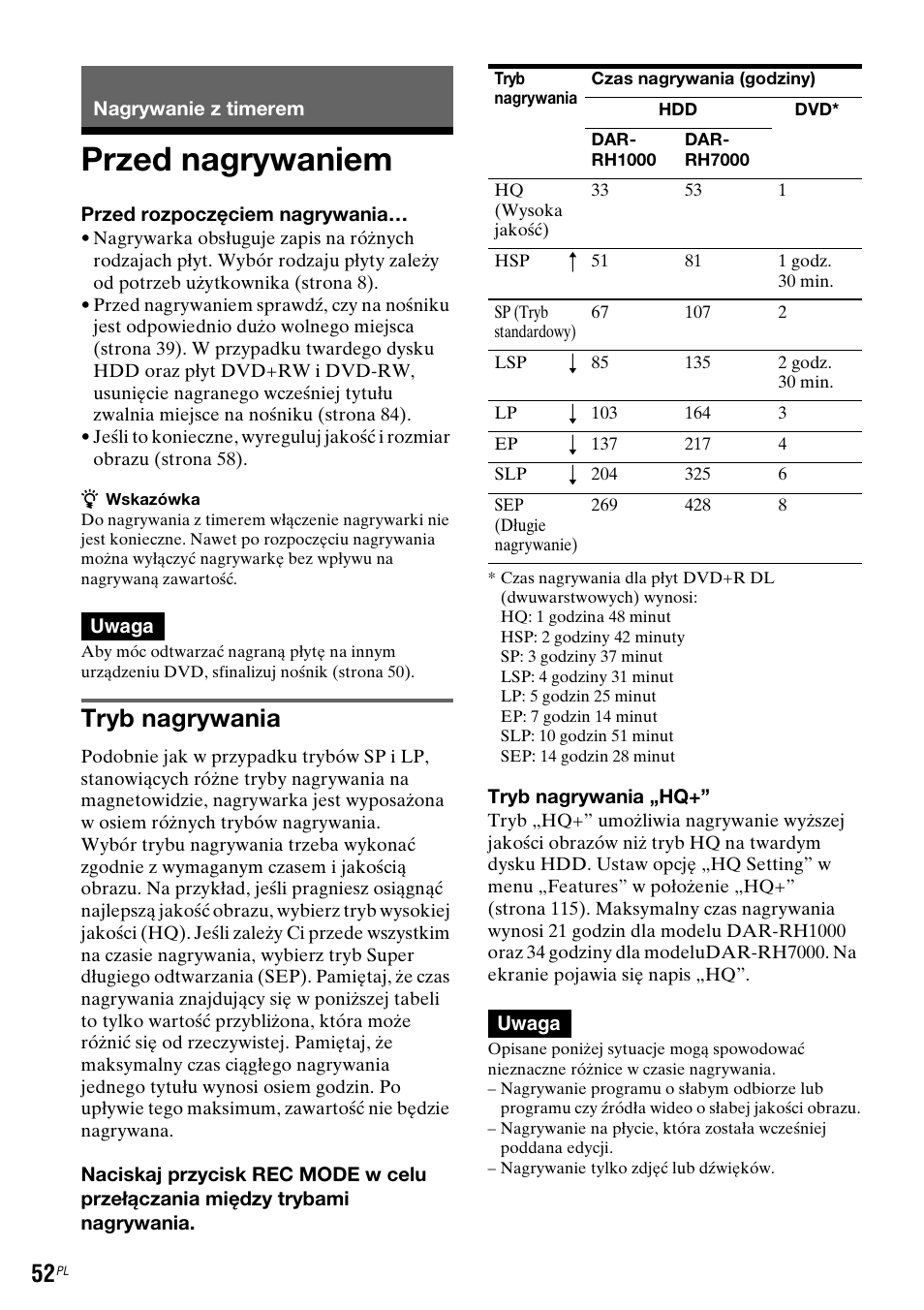 Nagrywanie z timerem, Przed nagrywaniem, Tryb nagrywania | Sony DAR-RH7000 User Manual | Page 438 / 536