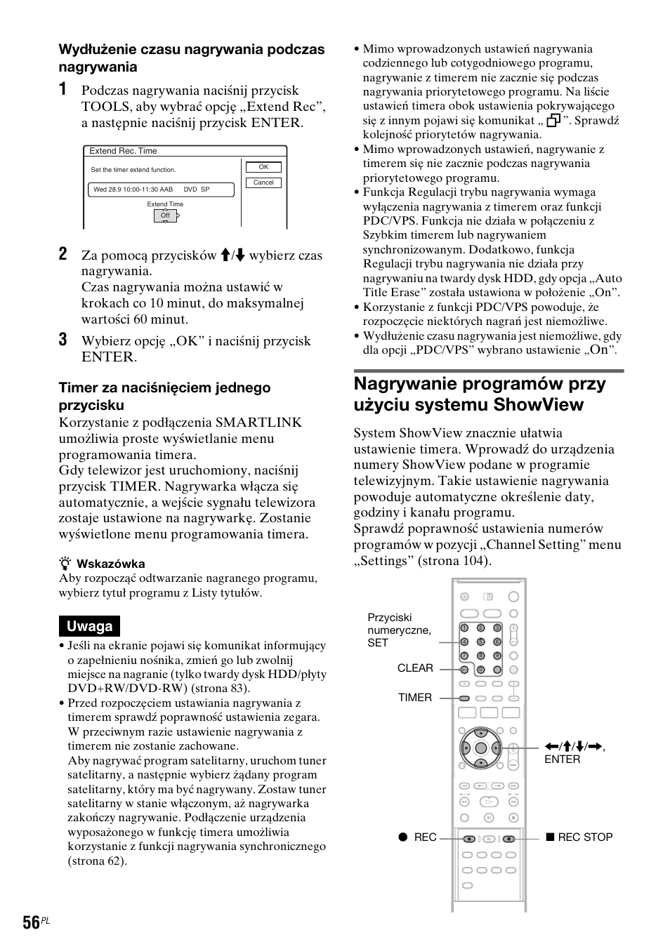 Nagrywanie programów przy użyciu systemu showview, Wydłużenie czasu nagrywania podczas nagrywania, Enter | Timer za naciśnięciem jednego przycisku, Uwaga, Wybierz opcję „ok” i naciśnij przycisk | Sony DAR-RH7000 User Manual | Page 442 / 536