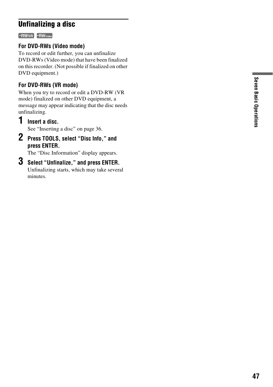 Unfinalizing a disc | Sony DAR-RH7000 User Manual | Page 47 / 536
