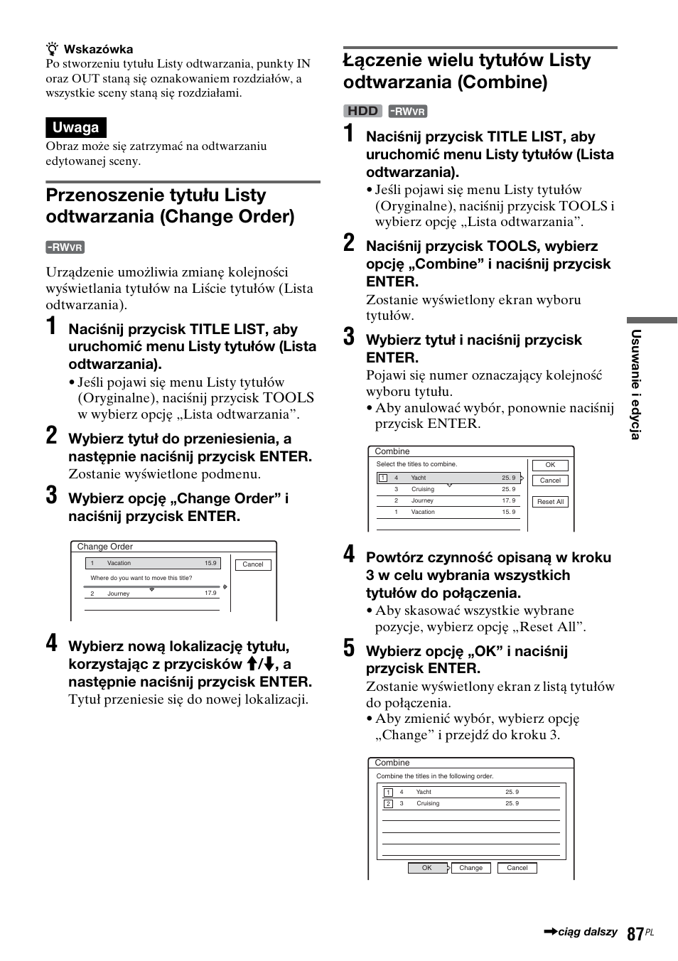 Łączenie wielu tytułów listy odtwarzania (combine), Uwaga, Tools | Wybierz tytuł i naciśnij przycisk enter, Wybierz opcję „ok” i naciśnij przycisk enter | Sony DAR-RH7000 User Manual | Page 473 / 536