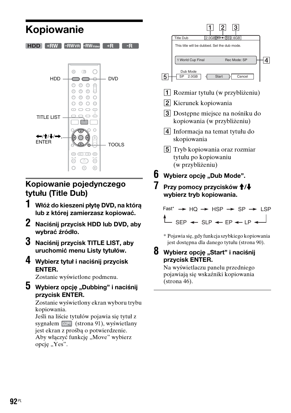 Kopiowanie, Kopiowanie pojedynczego tytułu (title dub) | Sony DAR-RH7000 User Manual | Page 478 / 536