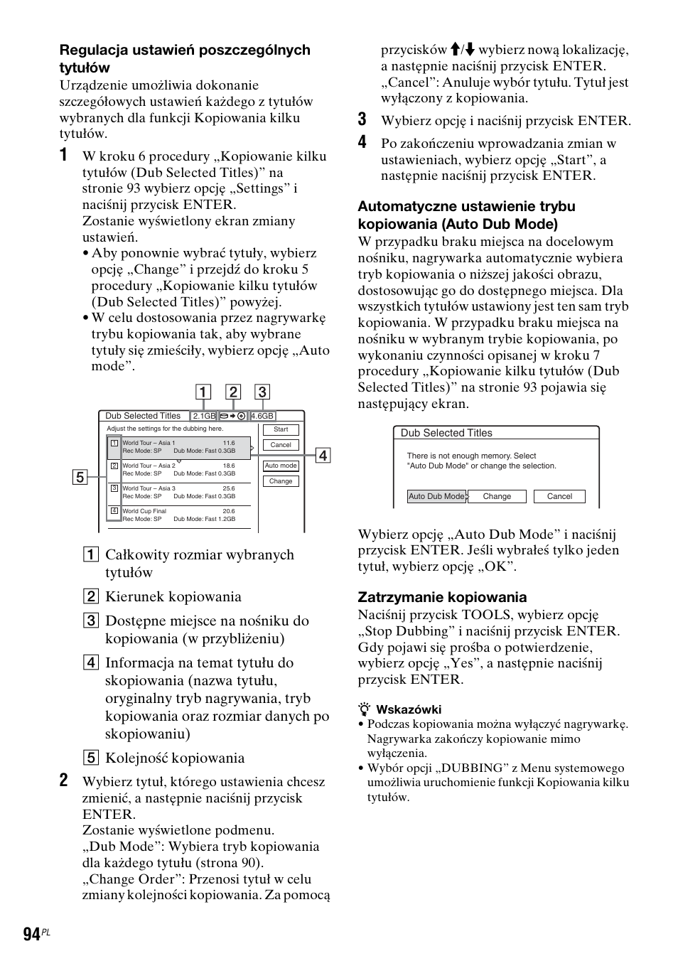 Regulacja ustawień poszczególnych tytułów, Zatrzymanie kopiowania, Wybierz opcję i naciśnij przycisk enter | Sony DAR-RH7000 User Manual | Page 480 / 536
