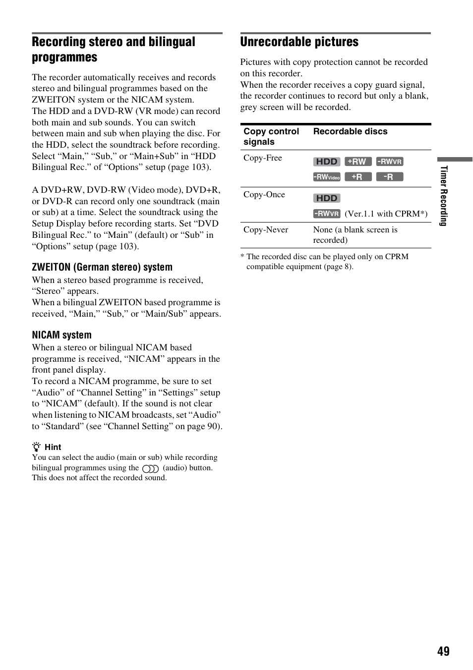 Recording stereo and bilingual programmes, Unrecordable pictures | Sony DAR-RH7000 User Manual | Page 49 / 536