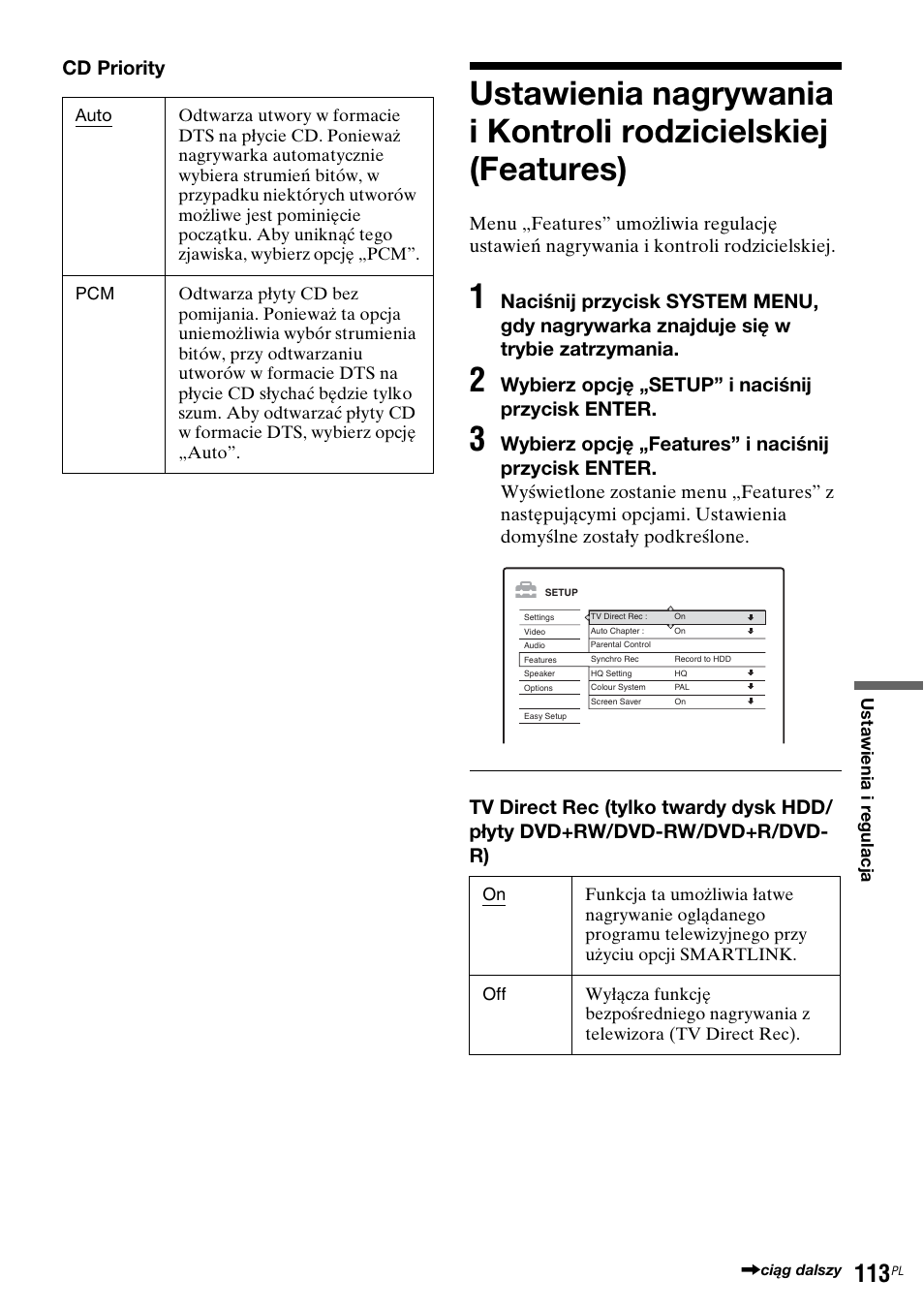 Cd priority, Wybierz opcję „setup” i naciśnij przycisk enter, Wybierz opcję „features” i naciśnij przycisk enter | Sony DAR-RH7000 User Manual | Page 499 / 536