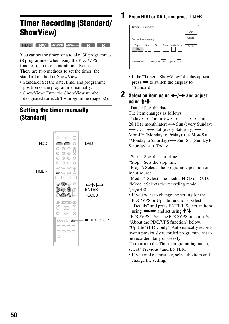 Timer recording (standard/ showview), Timer recording (standard/showview), Setting the timer manually (standard) | Press hdd or dvd, and press timer, Select an item using < / , and adjust using m / m | Sony DAR-RH7000 User Manual | Page 50 / 536