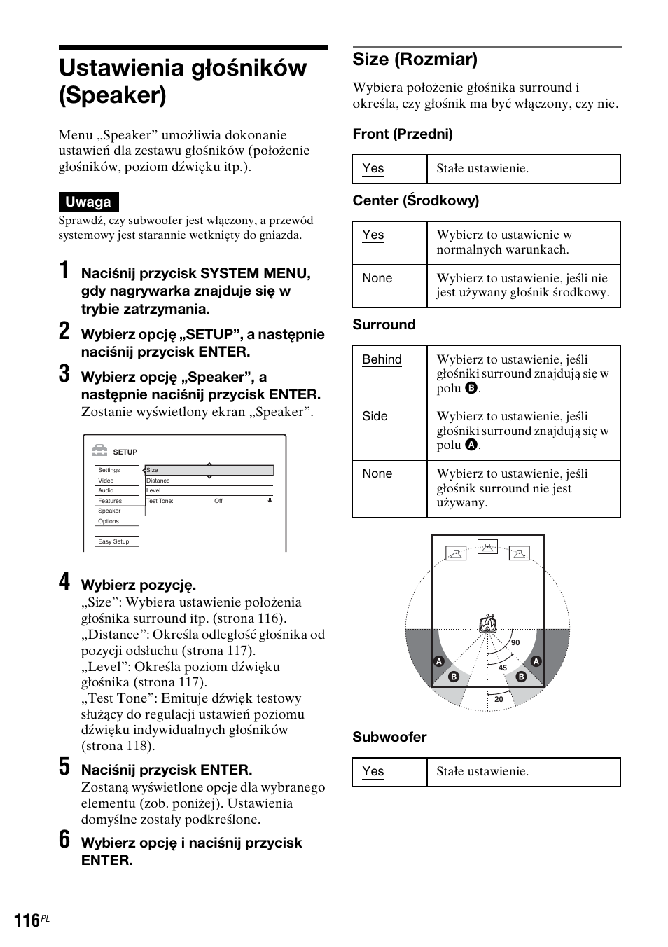Ustawienia głośników (speaker), Stronie 116, Size (rozmiar) | Sony DAR-RH7000 User Manual | Page 502 / 536
