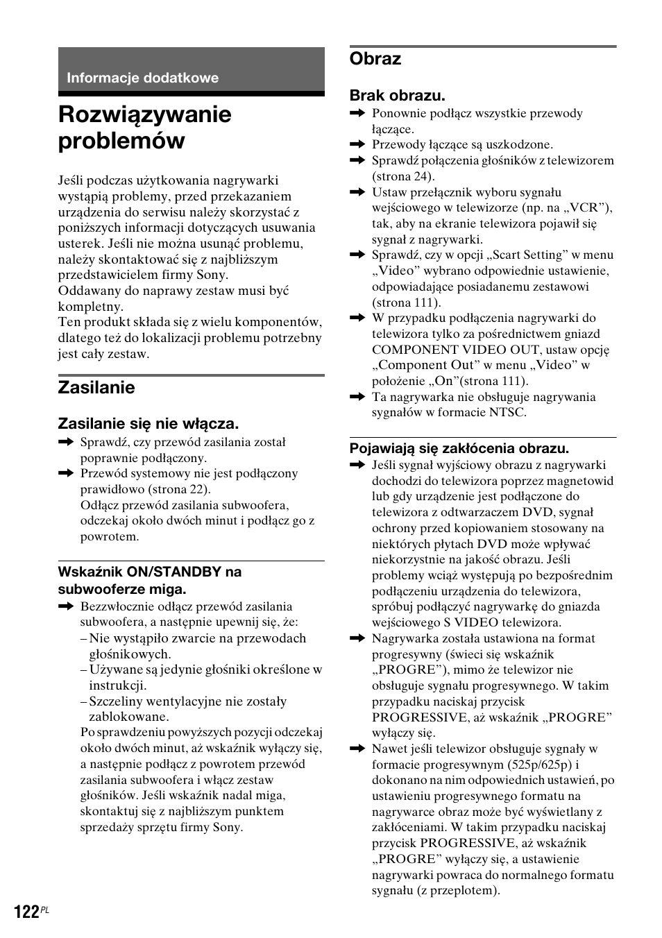 Informacje dodatkowe, Rozwiązywanie problemów, Zasilanie | Obraz, Zasilanie się nie włącza, Brak obrazu | Sony DAR-RH7000 User Manual | Page 508 / 536