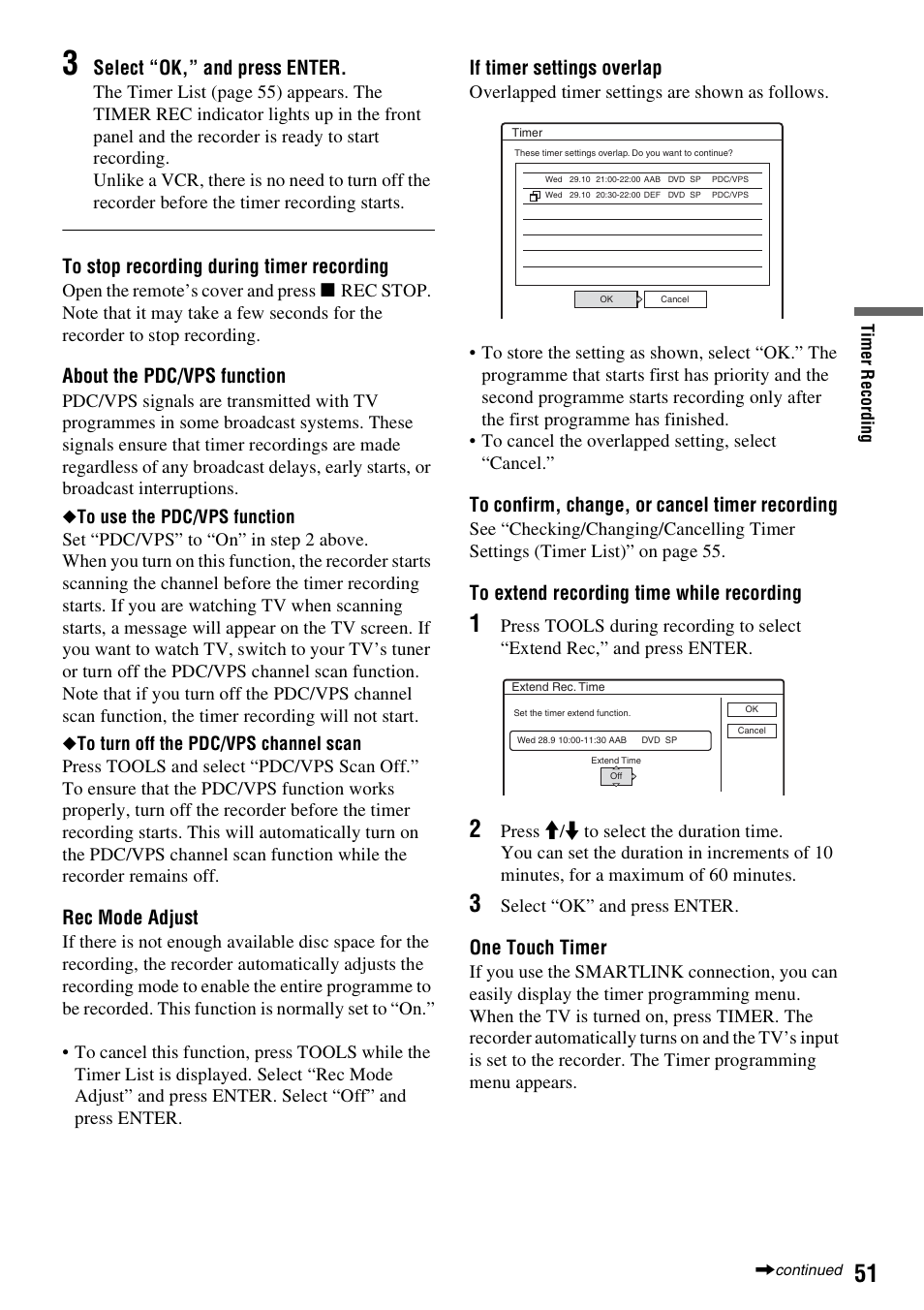 Select “ok,” and press enter, About the pdc/vps function, Rec mode adjust | If timer settings overlap, One touch timer | Sony DAR-RH7000 User Manual | Page 51 / 536