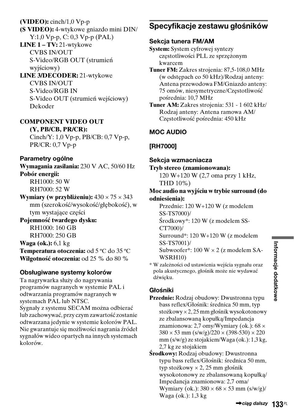 Specyfikacje zestawu głośników | Sony DAR-RH7000 User Manual | Page 519 / 536