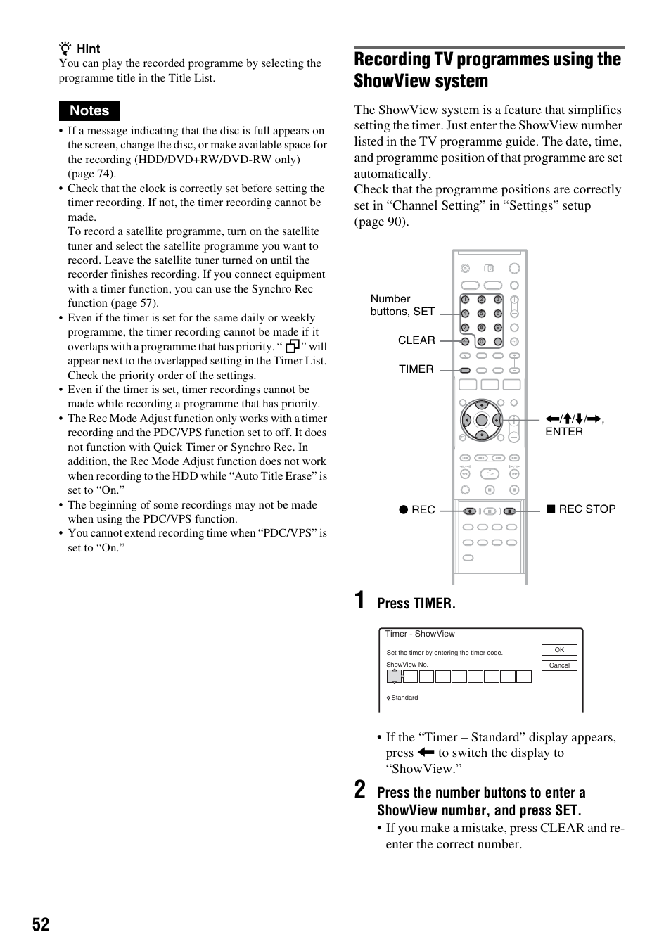 Recording tv programmes using the showview system, Press timer | Sony DAR-RH7000 User Manual | Page 52 / 536