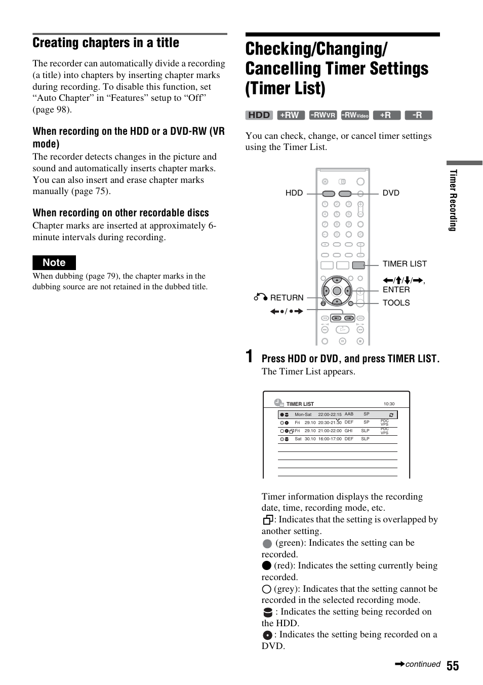 Creating chapters in a title, When recording on the hdd or a dvd-rw (vr mode), When recording on other recordable discs | Press hdd or dvd, and press timer list | Sony DAR-RH7000 User Manual | Page 55 / 536