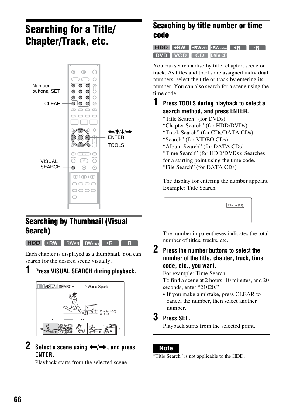 Searching for a title/ chapter/track, etc, Searching for a title/chapter/track, etc, Searching by thumbnail (visual search) | Searching by title number or time code, Press visual search during playback, Select a scene using < / , , and press enter, Press set | Sony DAR-RH7000 User Manual | Page 66 / 536