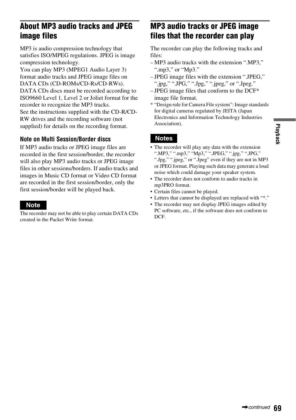 About mp3 audio tracks and jpeg image files | Sony DAR-RH7000 User Manual | Page 69 / 536