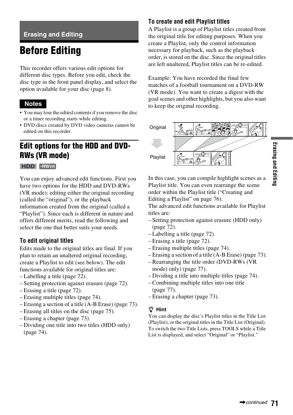 Erasing and editing, Before editing, Edit options for the hdd and dvd- rws (vr mode) | Sony DAR-RH7000 User Manual | Page 71 / 536